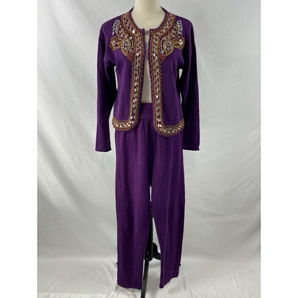 Vintage Cervelle Matching Set Sweater Pants Beaded Cardigan Purple Small - Picture 1 of 16